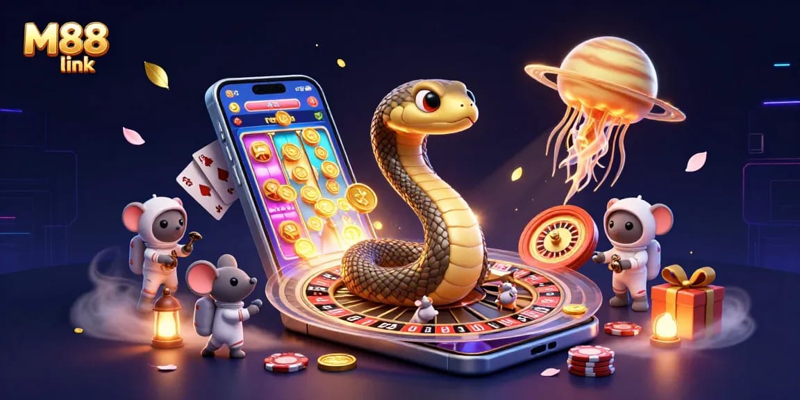 Place your bets with M88 link in an immersive 3D gambling universe illustration.