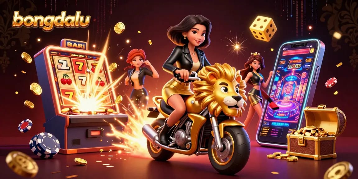 Engage with bongdalu's vibrant scene featuring a dynamic Asian woman riding a golden lion mascot amidst thrilling casino elements.