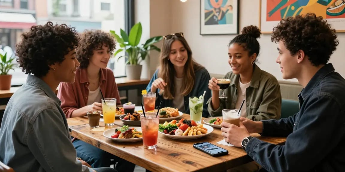 Group of friends enjoying vibrant urban café with rokok88 branding, capturing trendy lifestyle moments and social connections.