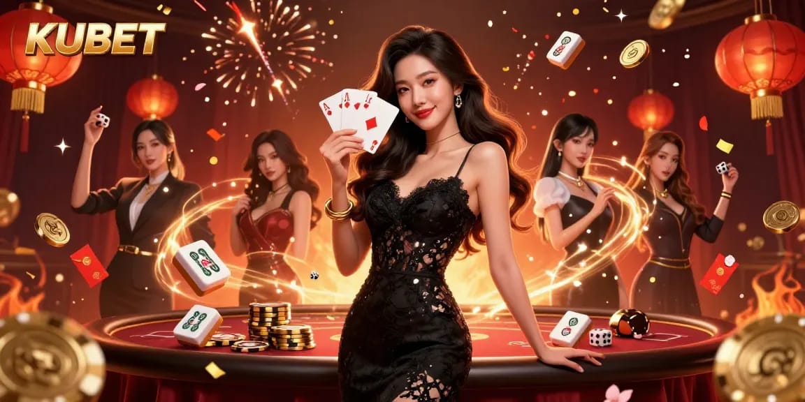 KUBET casino illustration showcasing a stylish Asian woman holding playing cards surrounded by vibrant casino elements.