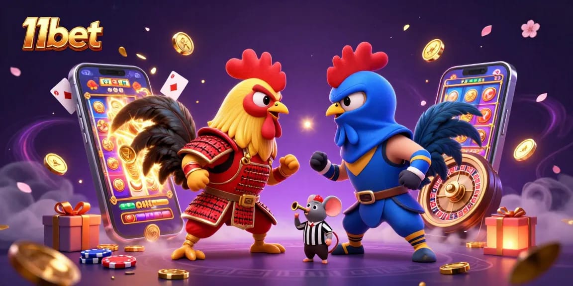 Engage with 11bet's thrilling gaming adventures featuring fighting roosters and casino elements.