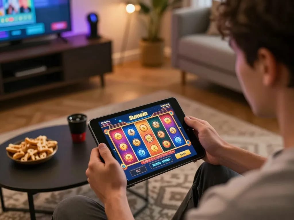 Player engaging with Sunwin online slots on a tablet in a cozy home setup, promoting responsible gaming.