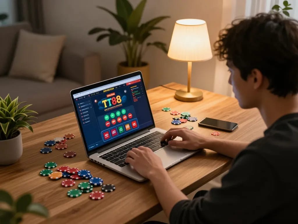 Engaging gameplay at Nhà cái TT88 online casino, showcasing vibrant chips and a cozy home atmosphere.