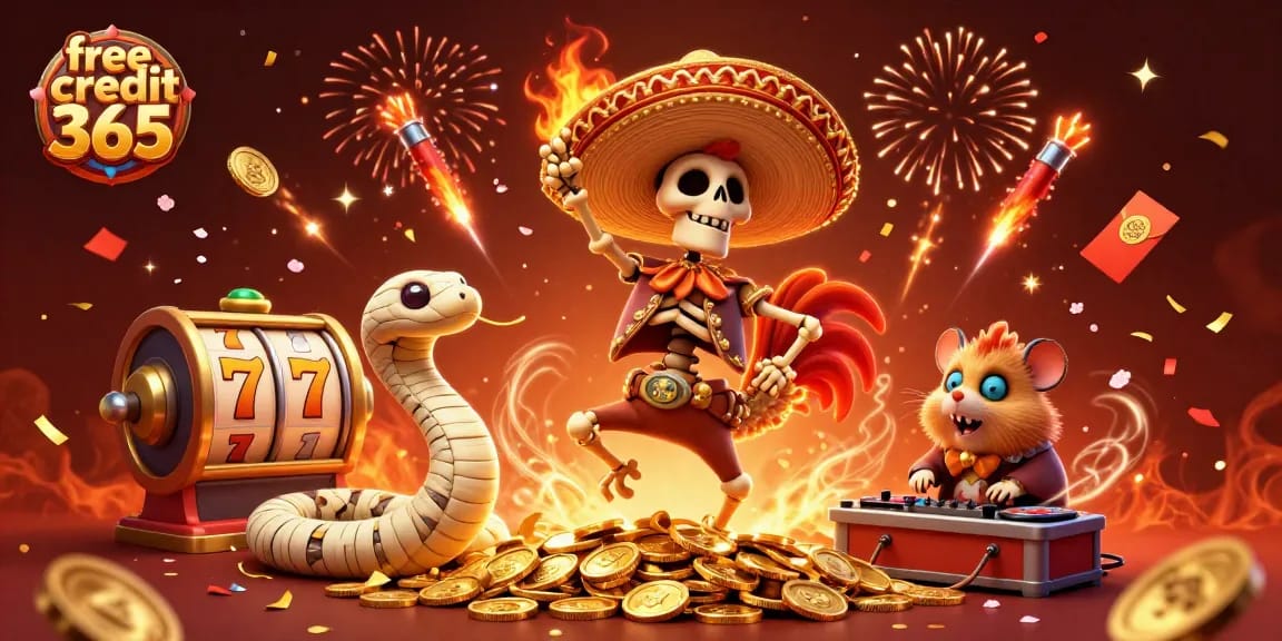 Experience thrilling gaming with free credit 365 as lively characters dance around slot reels and fireworks.