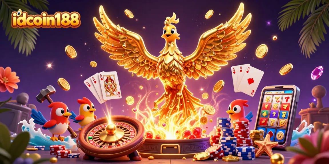 Win big with idcoin188 as the molten phoenix rises from gold, spinning roulette, and flying cards create excitement.