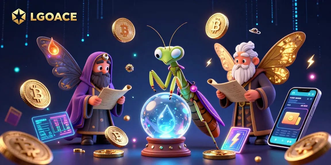 LGOACE showcases a vibrant casino scene with a cartoon fortune teller amid cryptocurrency elements and glowing coins.