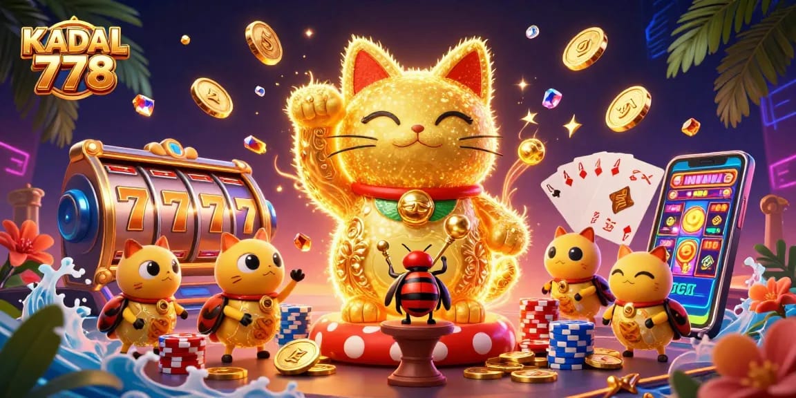KADAL 778 showcases a vibrant scene with a lucky cat and casino symbols in a dynamic slot game environment.
