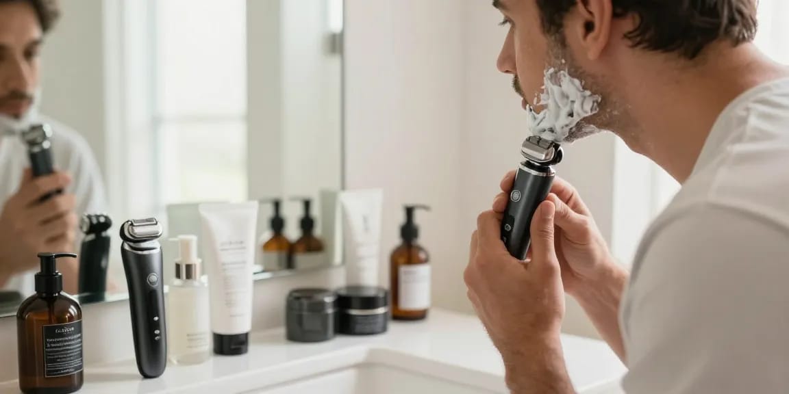 Man using rokok88 recommended electric shaver in stylish bathroom, surrounded by grooming products, bright atmosphere.
