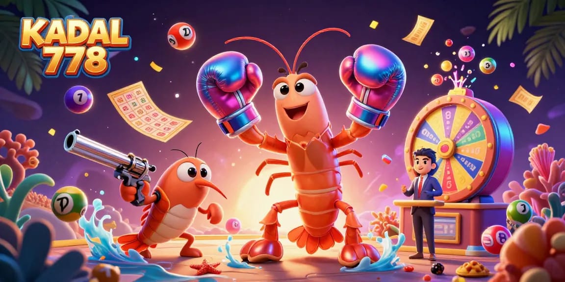 KADAL 778 players engaging with vibrant lottery balls and lively game elements in a dynamic casino scene