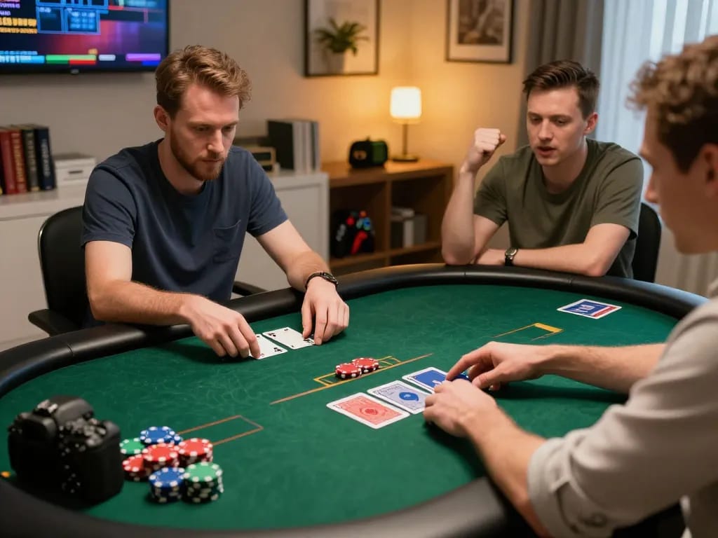Rokok88 online poker player analyzing strategy while placing bets at home.