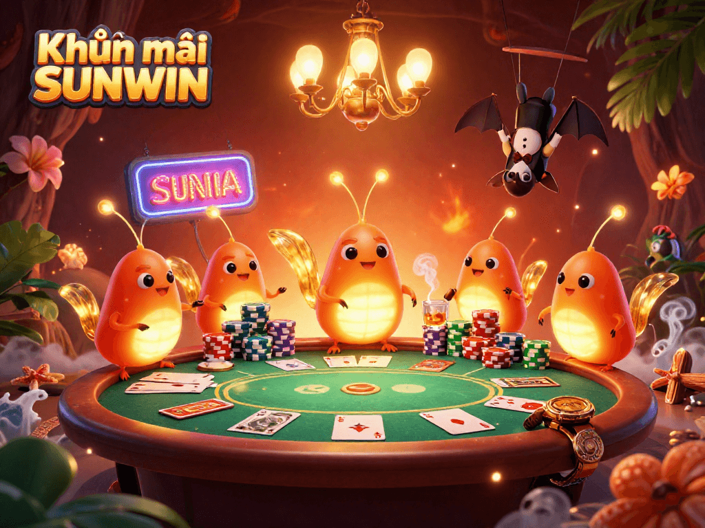 Engage with Khuyến mãi SUNWIN casino promotions amidst vibrant glowworms illuminating the poker table.