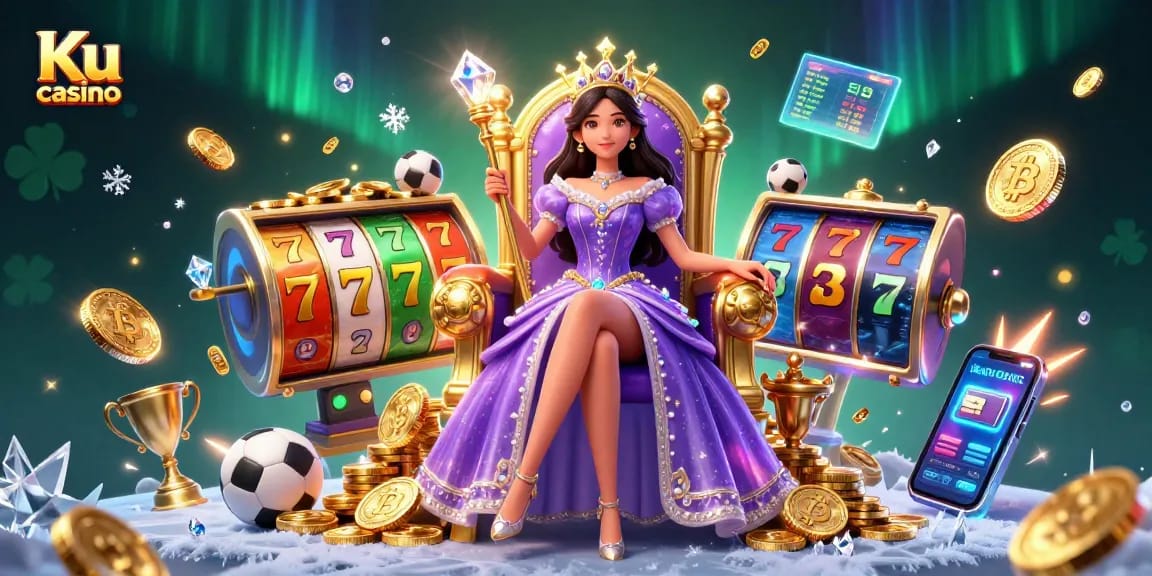 Experience thrilling gameplay at Ku casino with vibrant slot reels and crypto elements in this dynamic scene.