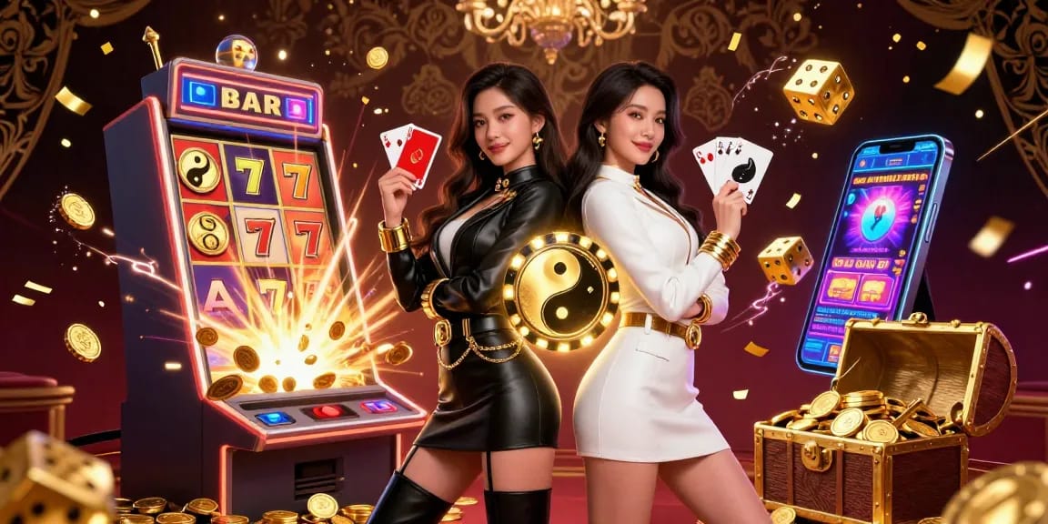 Experience the thrill of mb66 casino with dual Asian women holding playing cards amidst a jackpot explosion.