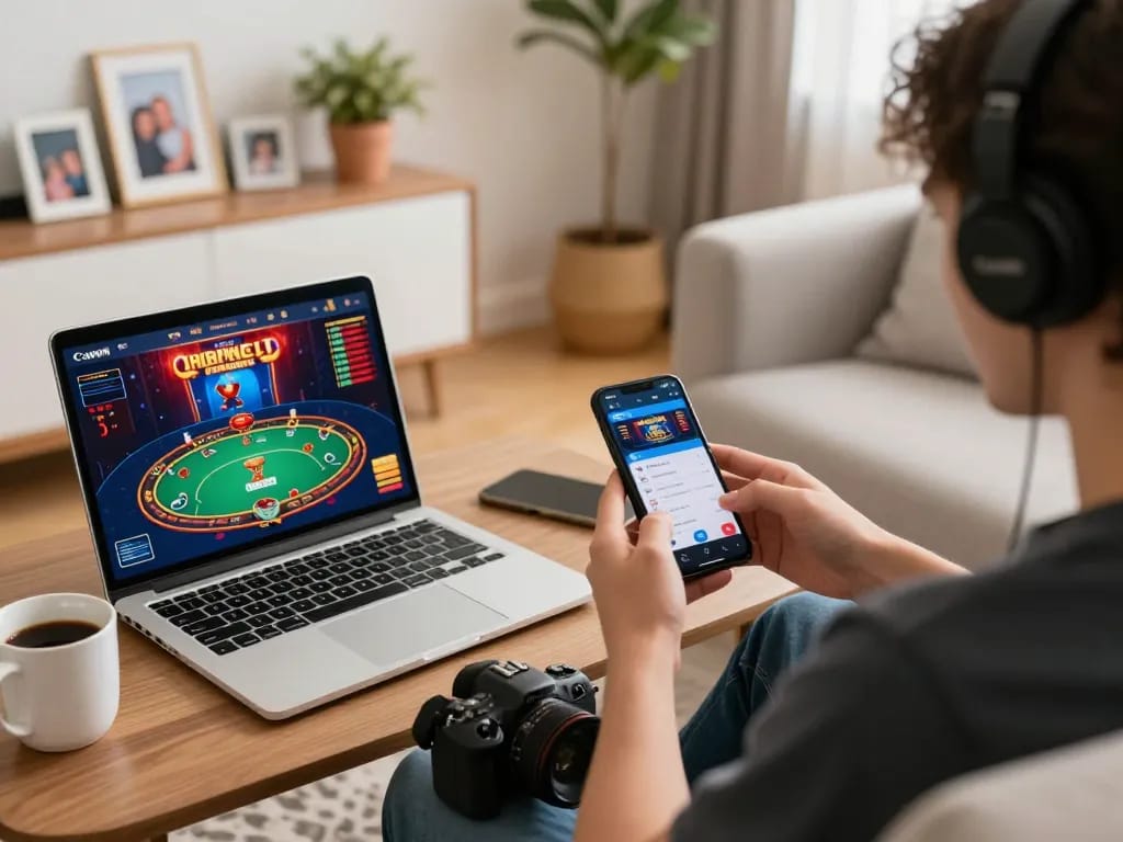 Engaged player using VIPWIN mobile app for online gambling strategy at home.