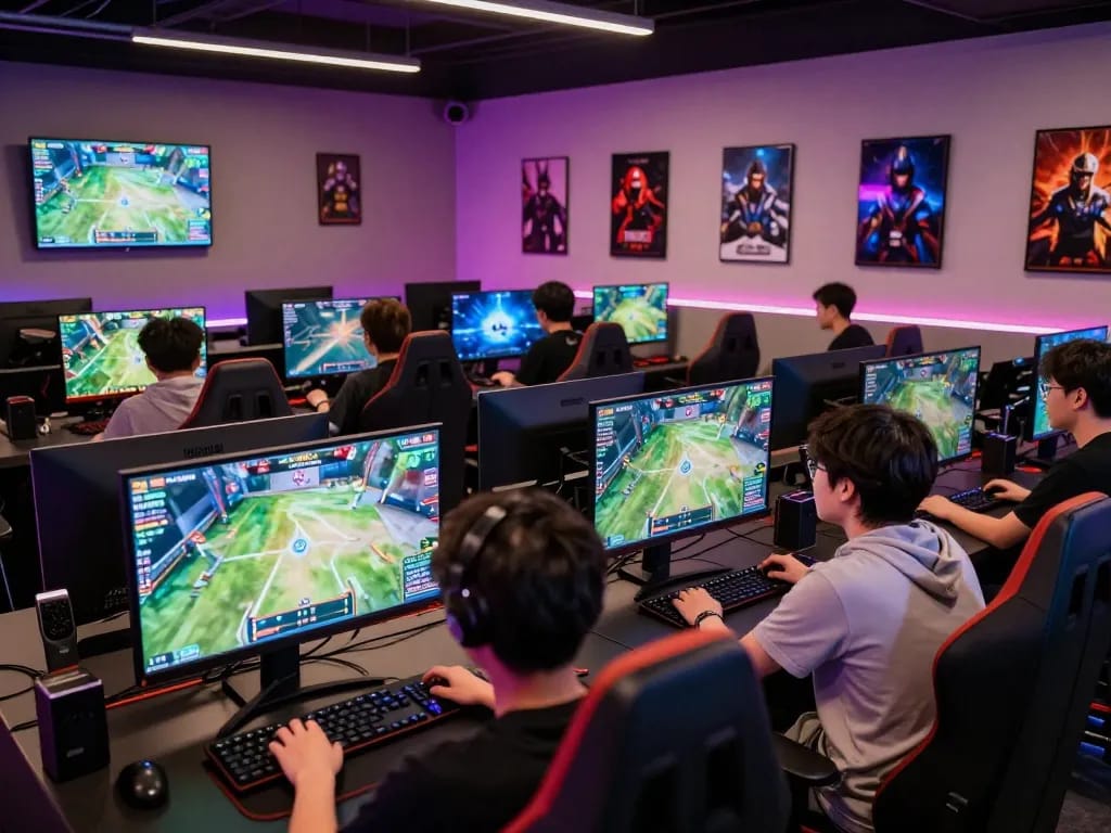 SC88 players analyzing odds in modern esports betting lounge with illuminated screens.