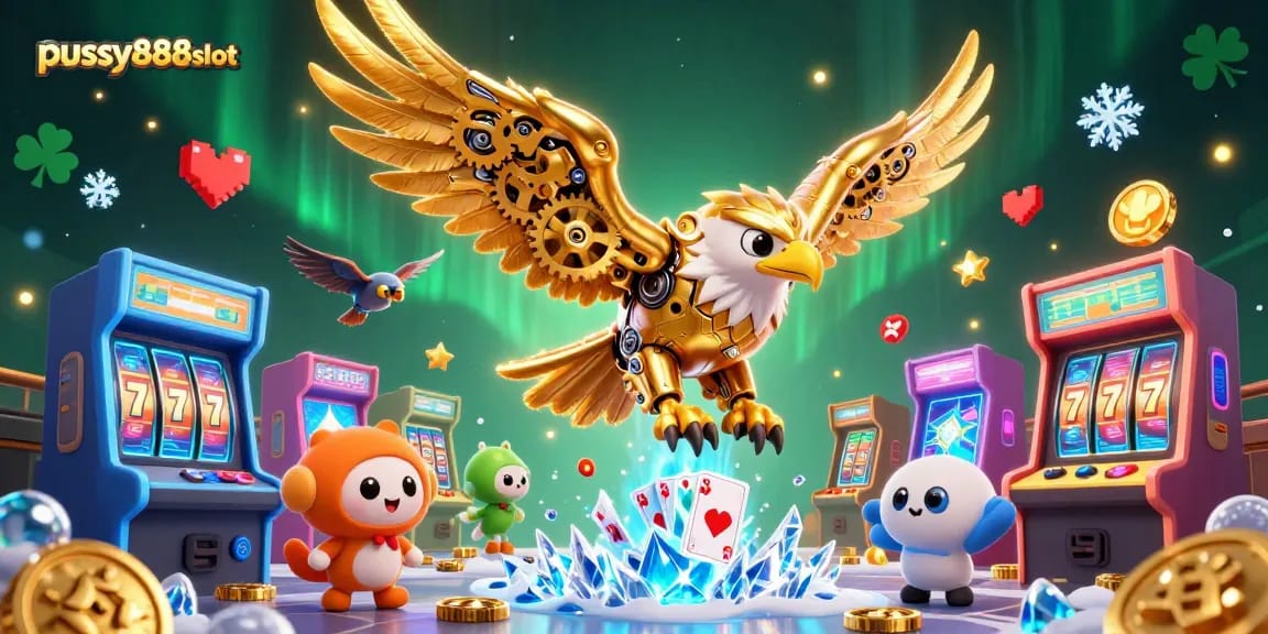 Pussy888slot provides a vivid illustration with a golden eagle diving through holographic cards amidst colorful gaming elements.