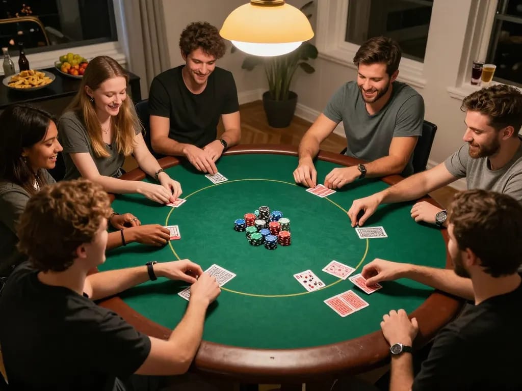 Friends enjoying a poker game at home with rr99t, cards and chips in action, friendly competition.
