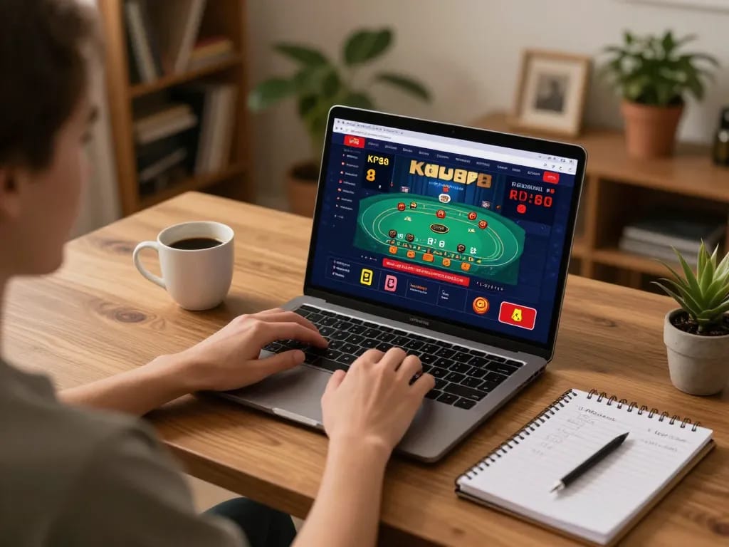 Engaging in online gaming on KP88 with live dealer blackjack at home, cozy setup.