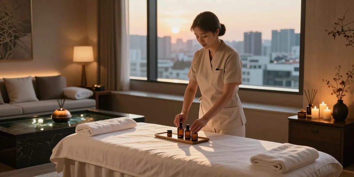 Calming 서울출장마사지 scene with soothing oils and tranquil atmosphere