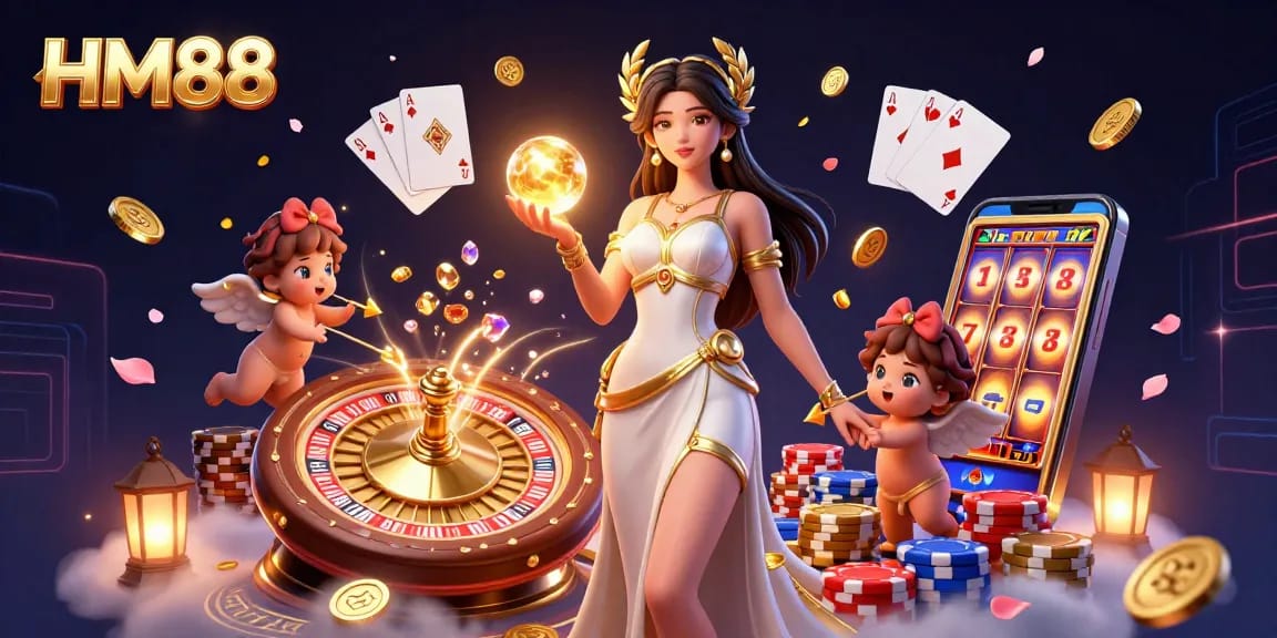 Engage with thrilling slots and games at HM88, featuring a captivating Grecian goddess illustration.