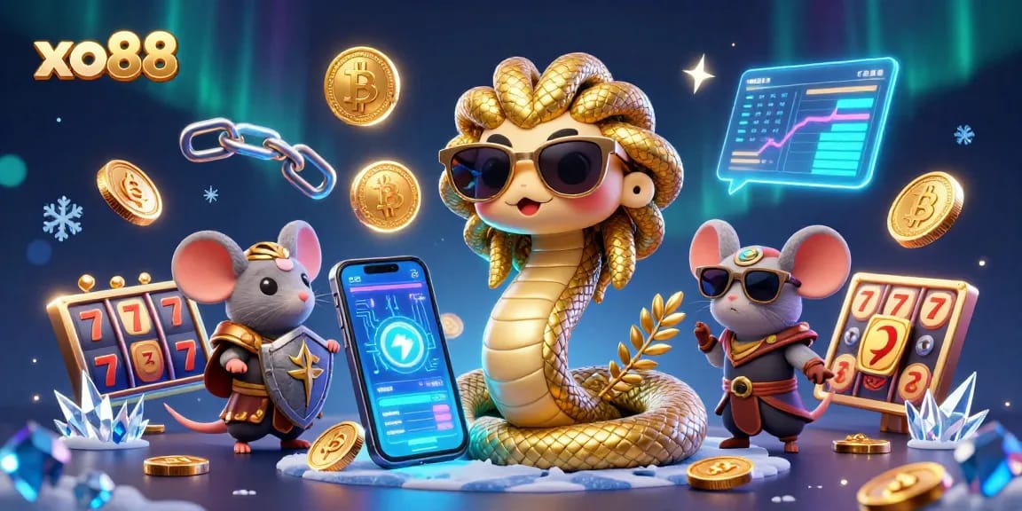 Engage with xo88 through a vivid scene featuring Medusa and a warrior mouse in a packed casino universe.