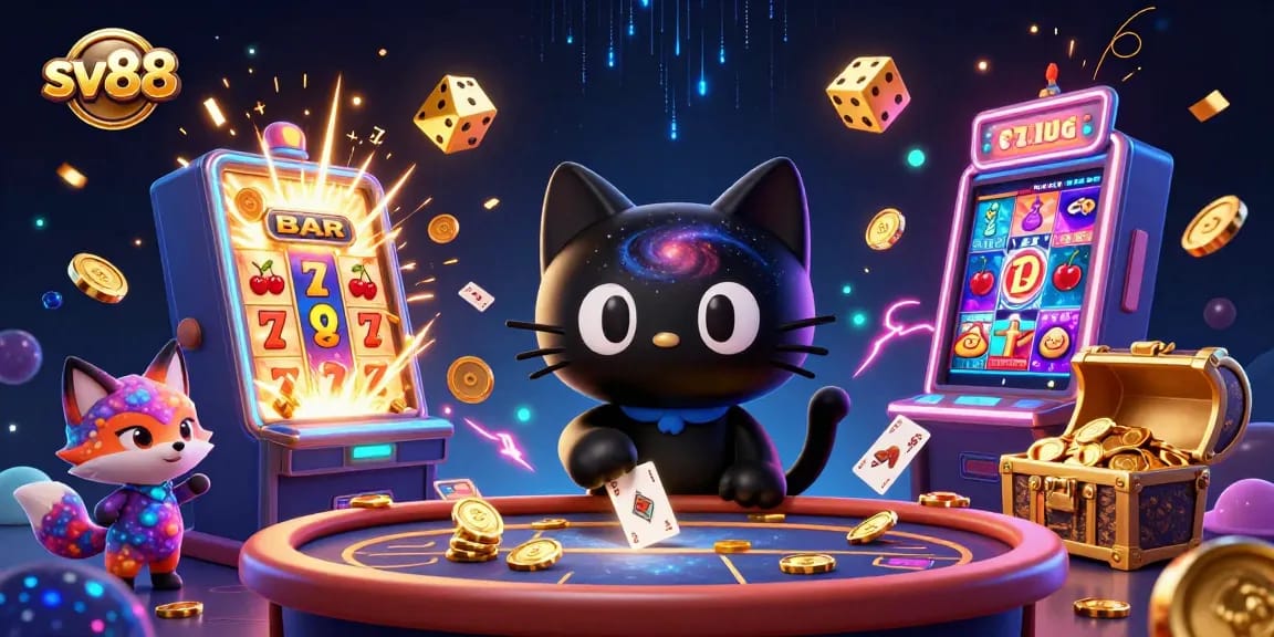 sv88 casino illustration featuring a cosmic table with a black hole cat and colorful elements