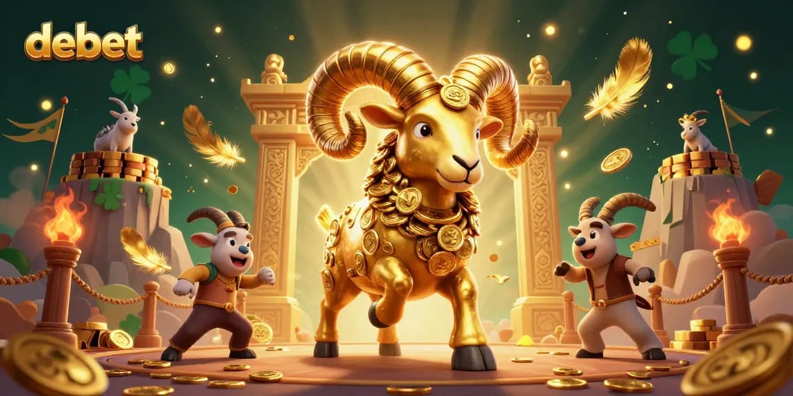 Bet big with debet at a vibrant casino featuring a golden ram charging through a dynamic scene.