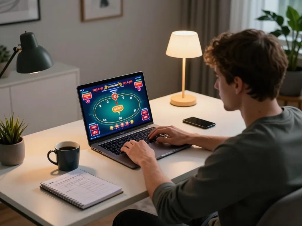 Engaging online gaming session at nhà cái fly88 with poker strategies in comfortable home office setting