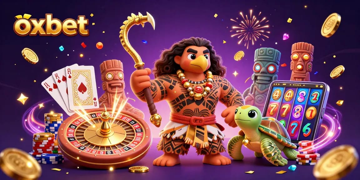 Win at oxbet with an ultra-detailed 3D illustration featuring dynamic casino elements and vibrant characters.