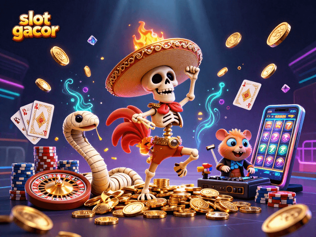 Experience slot gacor action with vibrant characters celebrating wins amidst golden coins and dynamic casino elements.