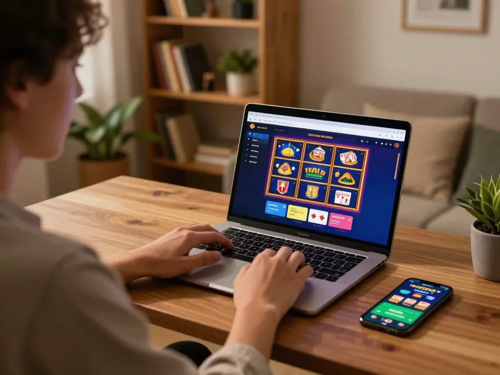 Engaging online casino gaming scene showing a player using s666 on a laptop for betting.