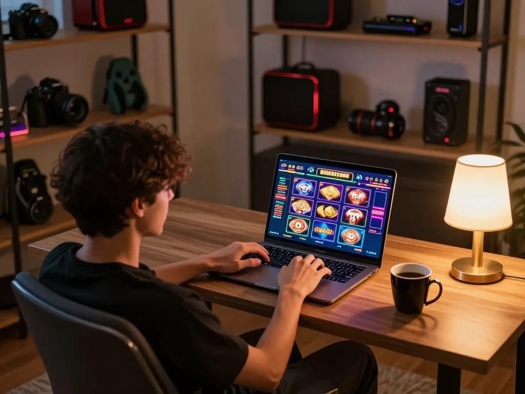 Play rik88 on a laptop at home, enjoying vibrant slots game with cozy atmosphere.