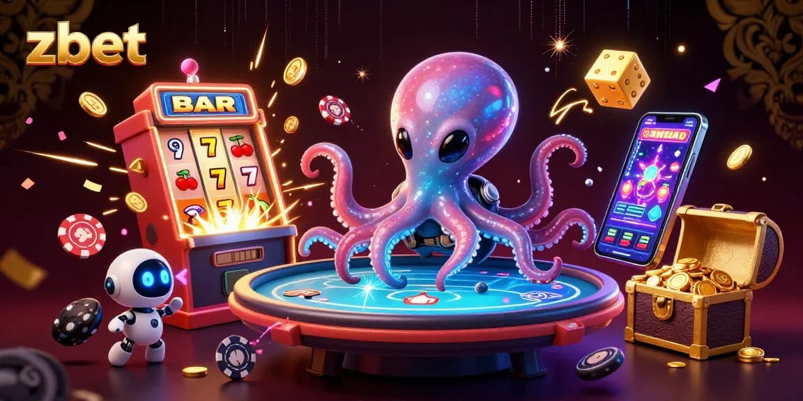 Experience vibrant gaming excitement with zbet's alien octopus at a holographic poker table.