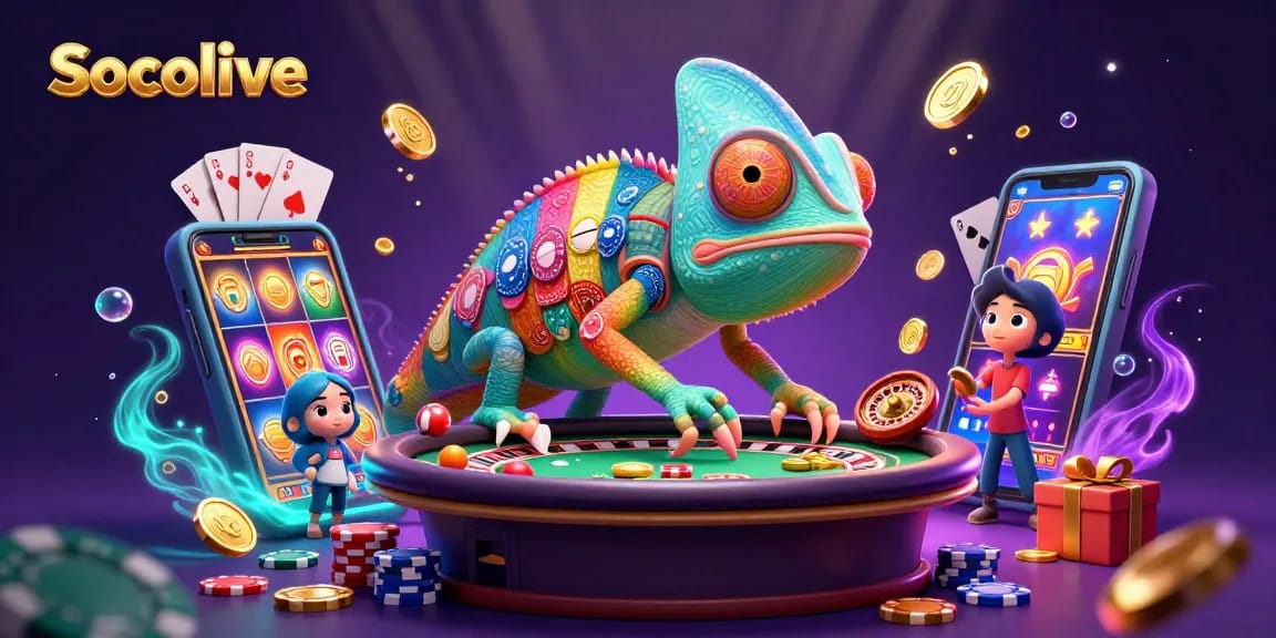 Socolive's vibrant 3D illustration showcasing a chameleon casino owner and lively gaming elements in action.