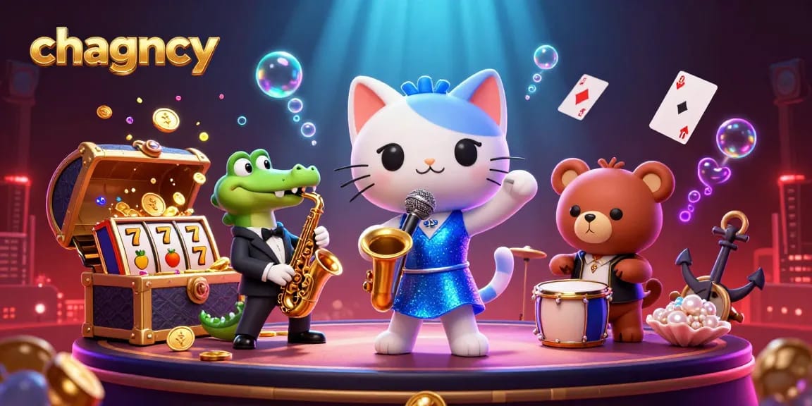 chagency promotes exciting gameplay in an illustration with vibrant casino characters amidst slot elements.