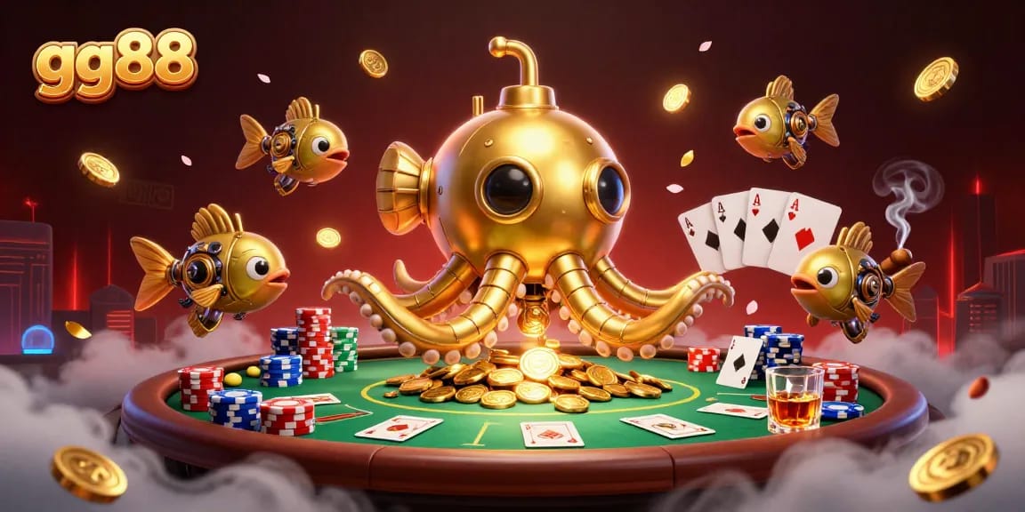 Experience the thrill of gg88 with vibrant poker elements and a heroic kraken submarine.