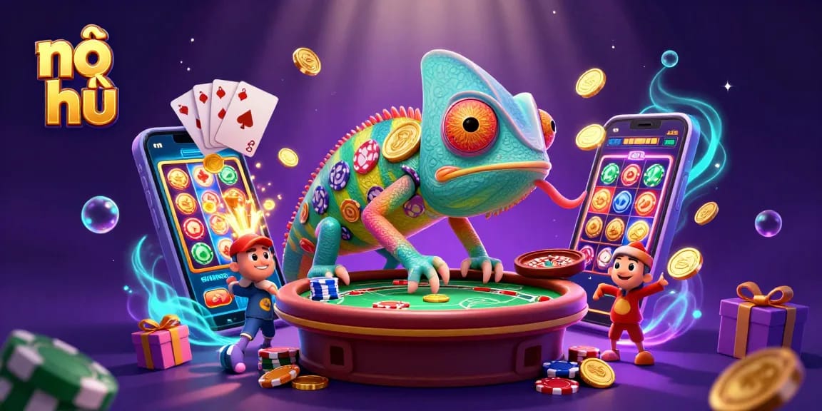Engage in nổ hũ gaming with a vibrant 3D casino scene featuring an animated chameleon and exciting game elements.
