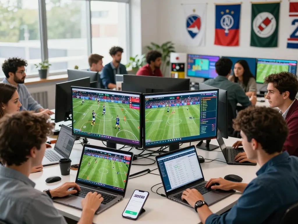 Sports analysts collaborating on live data and scores on screens, illustrating nowgoal sports insights.