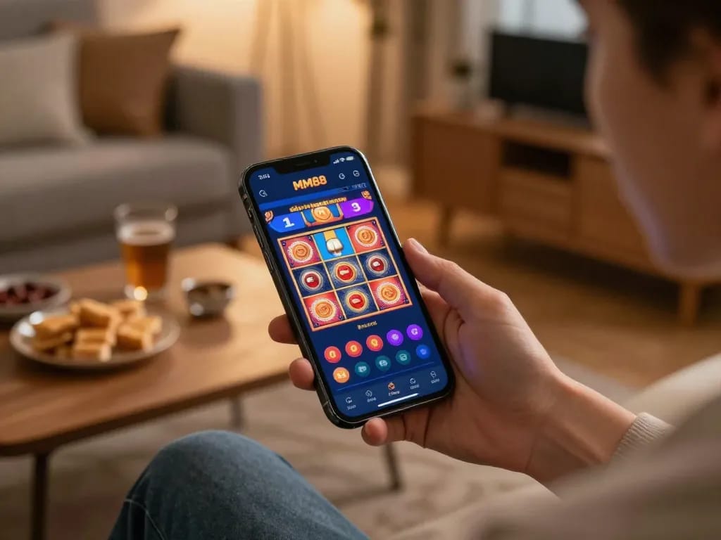 Engaging in online gambling with MM88 app on smartphone, showcasing slot game excitement in a cozy living room.