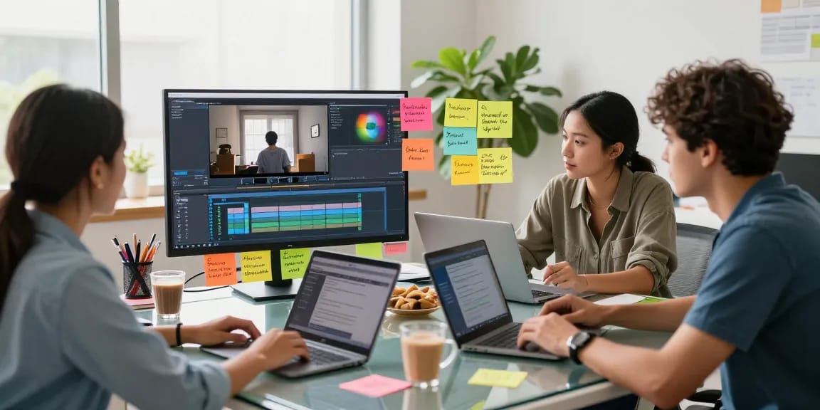 Team collaborating to write text on video in a bright digital workspace.