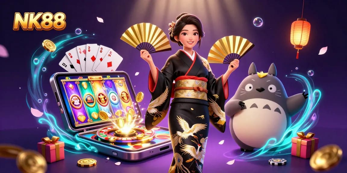 Engage with NK88's vibrant slot games and promotions in this stunning 3D illustration.