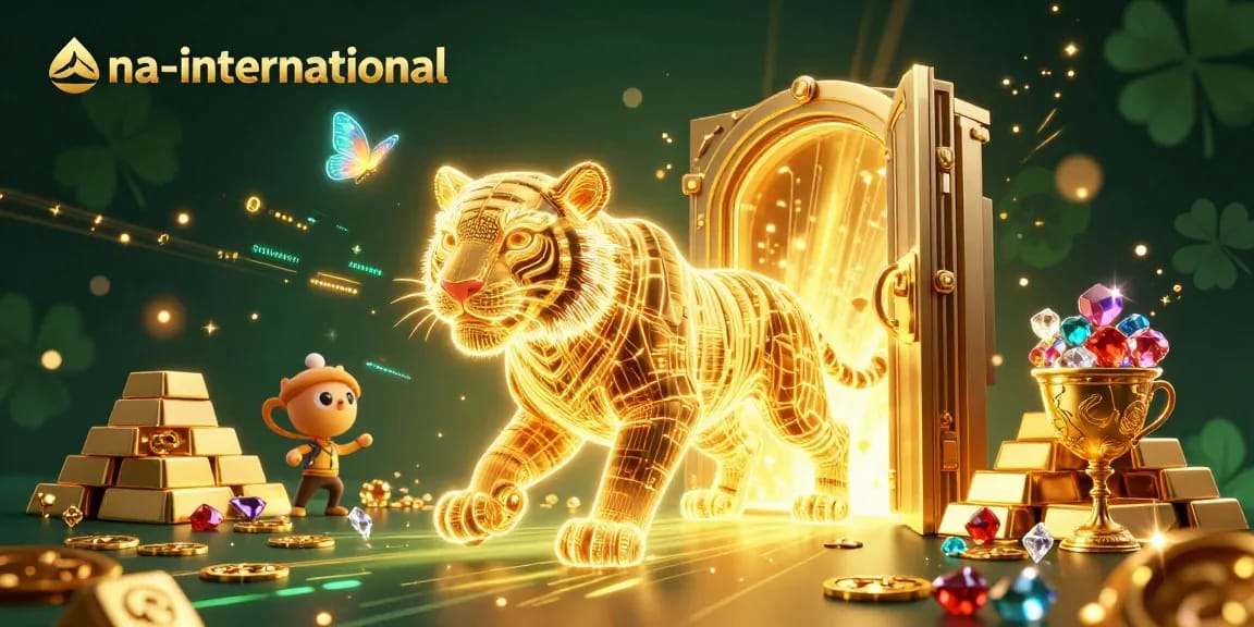 Engage with ana-international's immersive online experience featuring vibrant casino elements and a shining golden tiger.