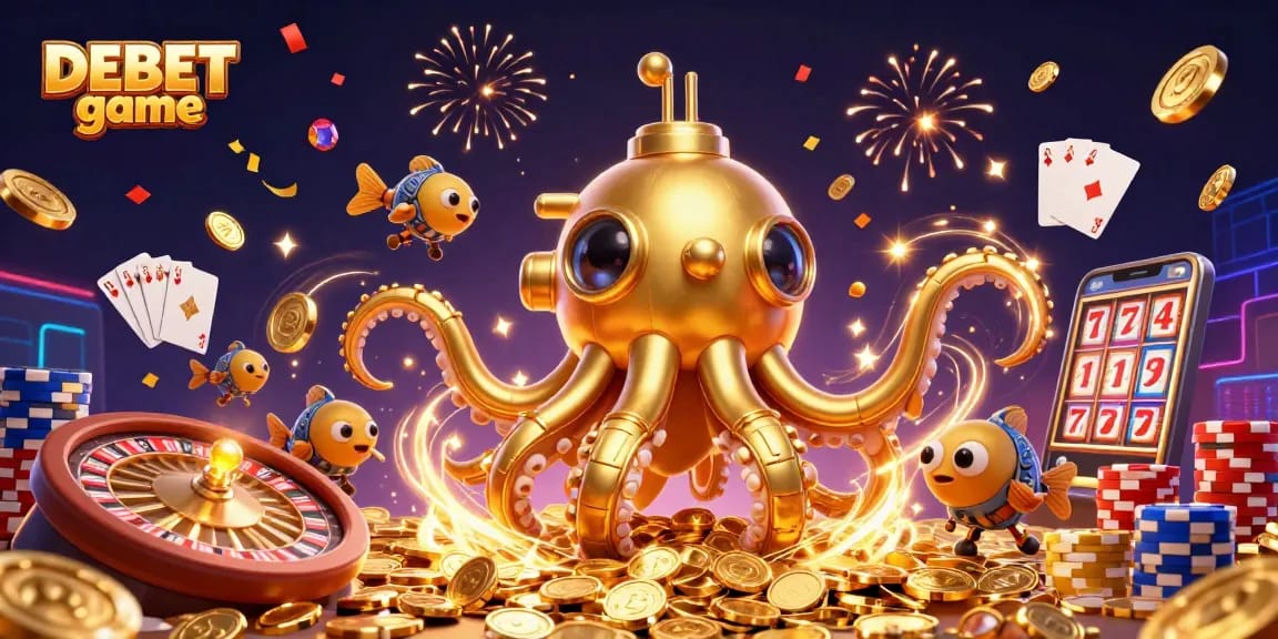 Play DEBET game with a golden kraken submarine in a lively casino setting filled with treasures.
