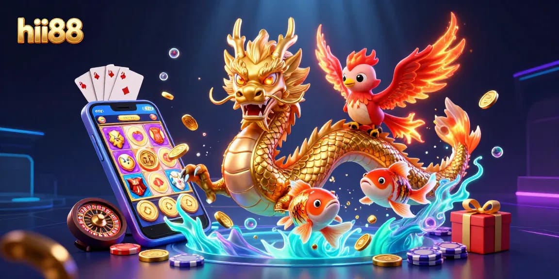 Play and win on hii88 with a golden dragon, phoenix, and koi fish amidst vibrant casino graphics.