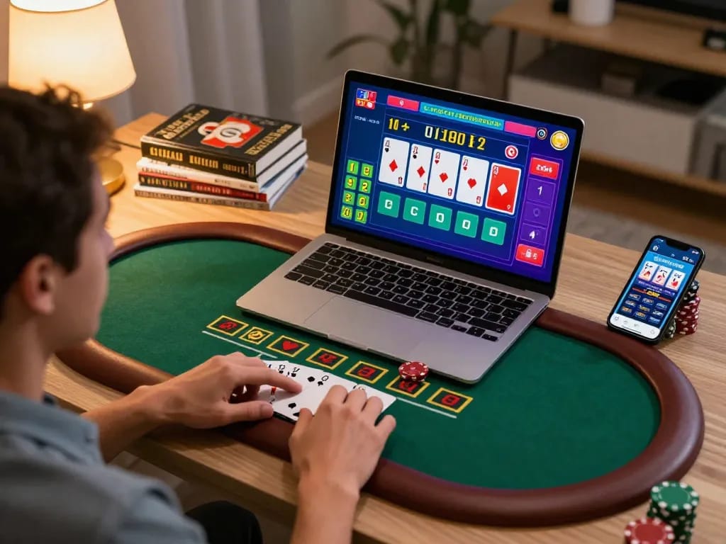 Responsible gameplay with Thương hiệu MM88 in a cozy home setup, featuring blackjack on laptop.