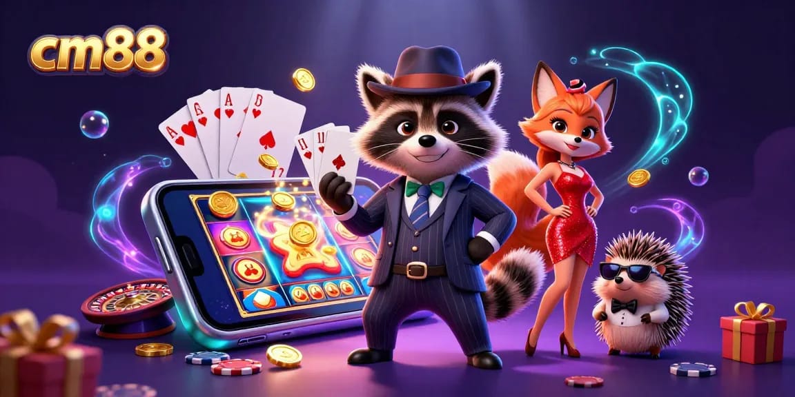 Experience the excitement at cm88 with a winning hand held by a suave raccoon character surrounded by vibrant casino elements.
