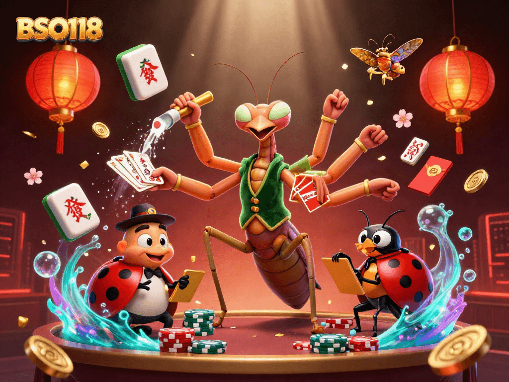Engage in thrilling gameplay with BSO118 in a vibrant casino scene featuring unique characters