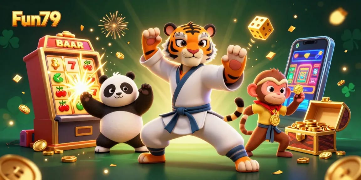 Engage with Fun79's vibrant gaming world featuring energetic characters and a dynamic casino backdrop.