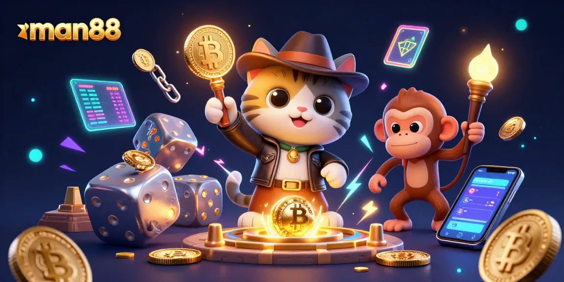 Engage with man88's golden casino artifact in a vibrant, electrifying 3D scene filled with crypto elements.