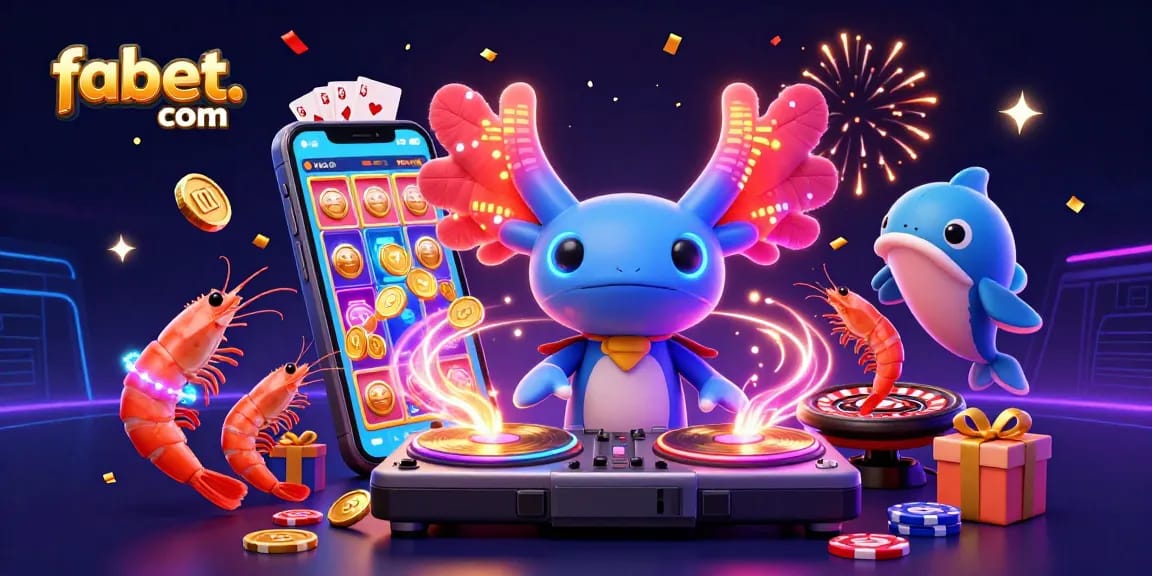 Experience the vibrant gaming world of fabet. com with a neon axolotl DJ and underwater excitement.